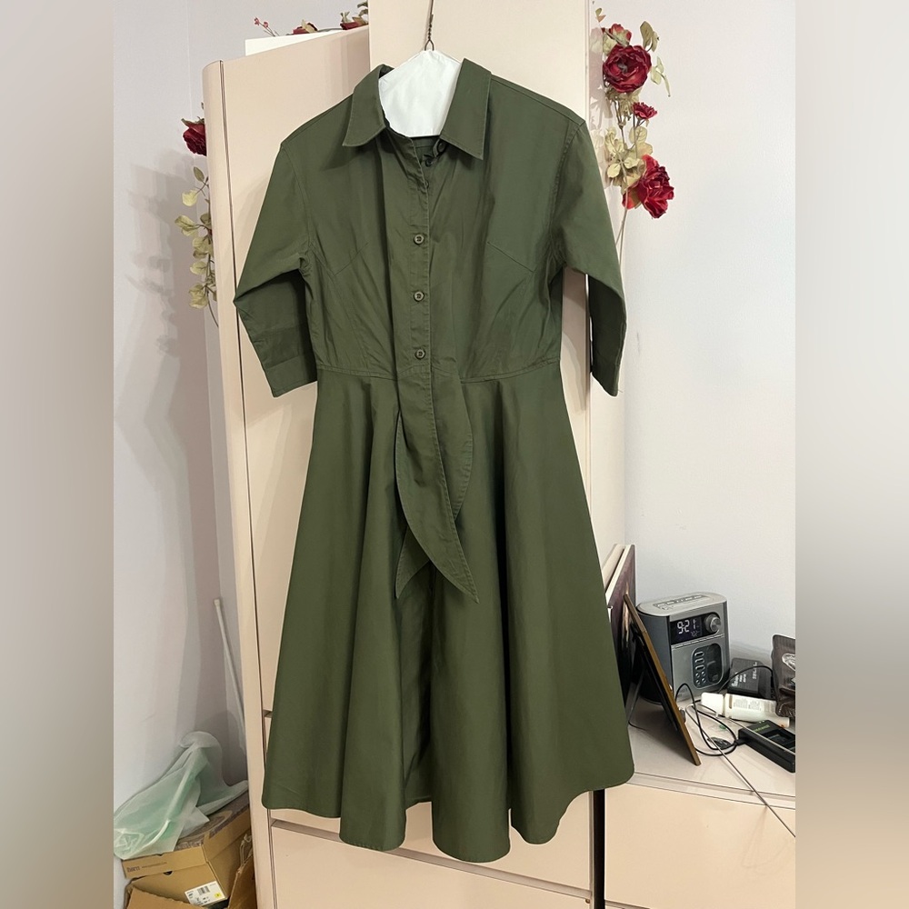 Green A-Line Buttoned Dress with Notched Collar